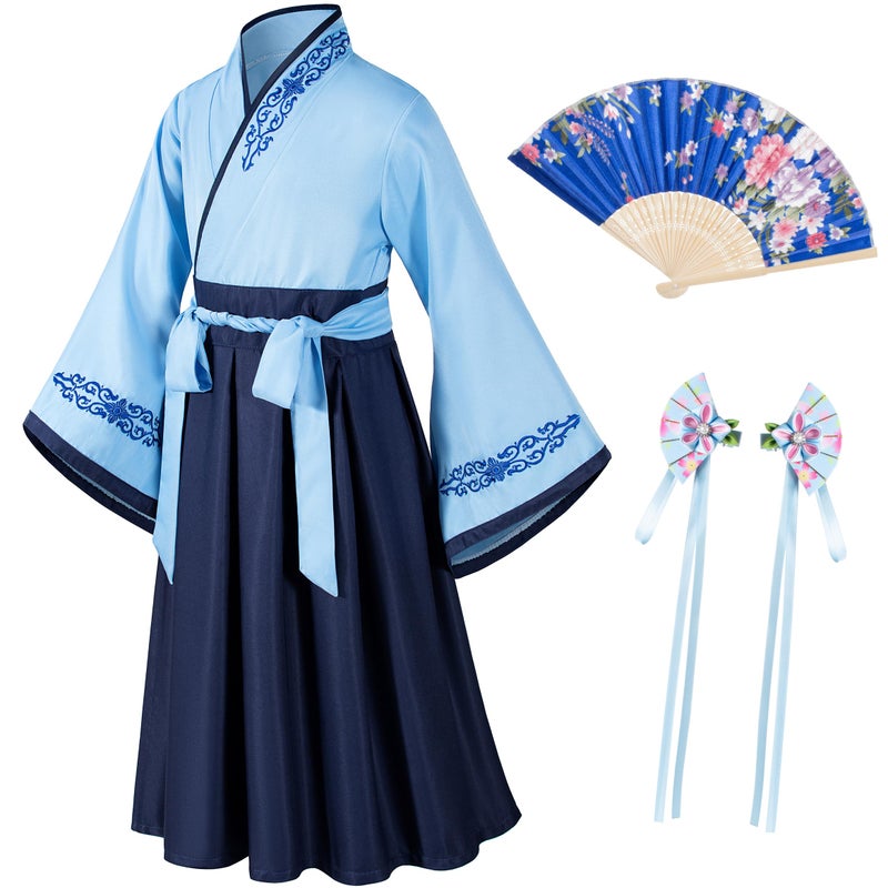 Elibelle Asian Traditional Dress Kimono Robe for Kids Girls Costume Silk Folding Fans hairstick Cosplay(Blue Navy 150cm - Image 1
